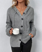 Women's Hooded Knit Cardigan with Large Button Closure, Relaxed Fit – Vera Grey