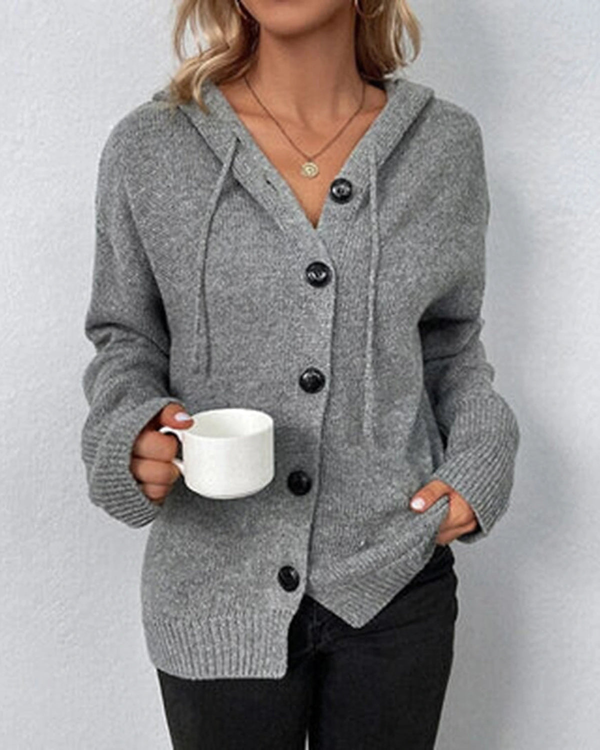 Women's Hooded Knit Cardigan with Large Button Closure, Relaxed Fit – Vera Grey