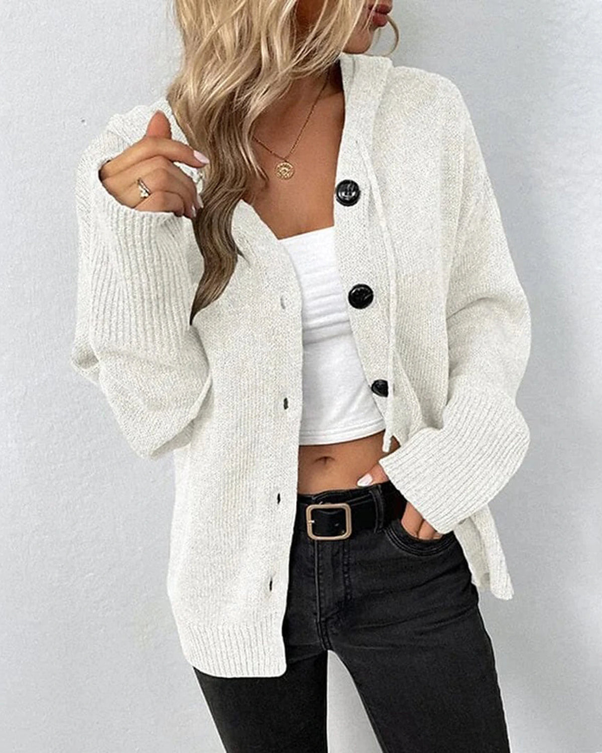 Women's Hooded Knit Cardigan with Large Button Closure, Relaxed Fit – Vera Grey