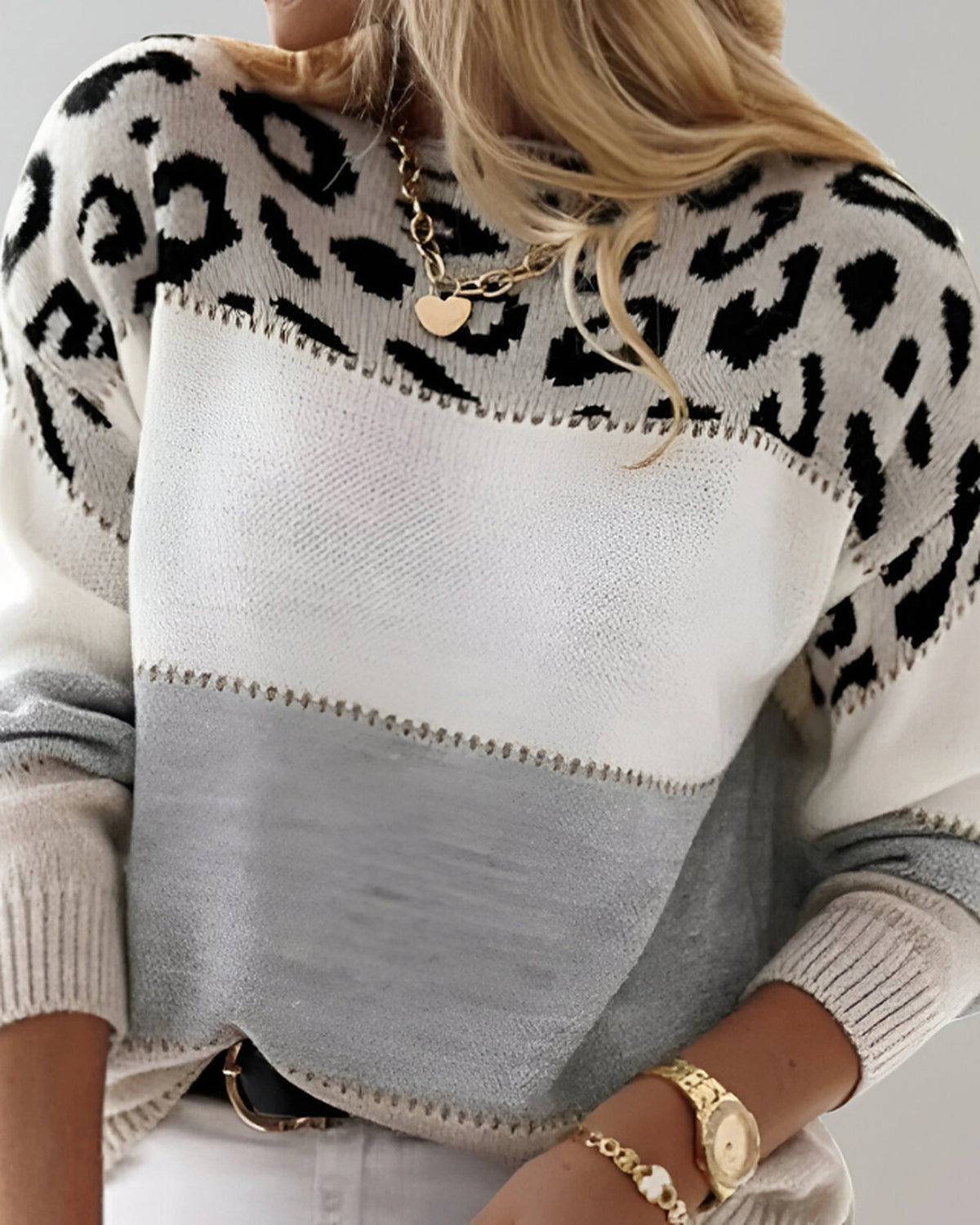 Women's Jumper in Leopard Print with Colour Block Pattern Yoke and Ribbed Cuffs, Relaxed Fit – Quinn Jane