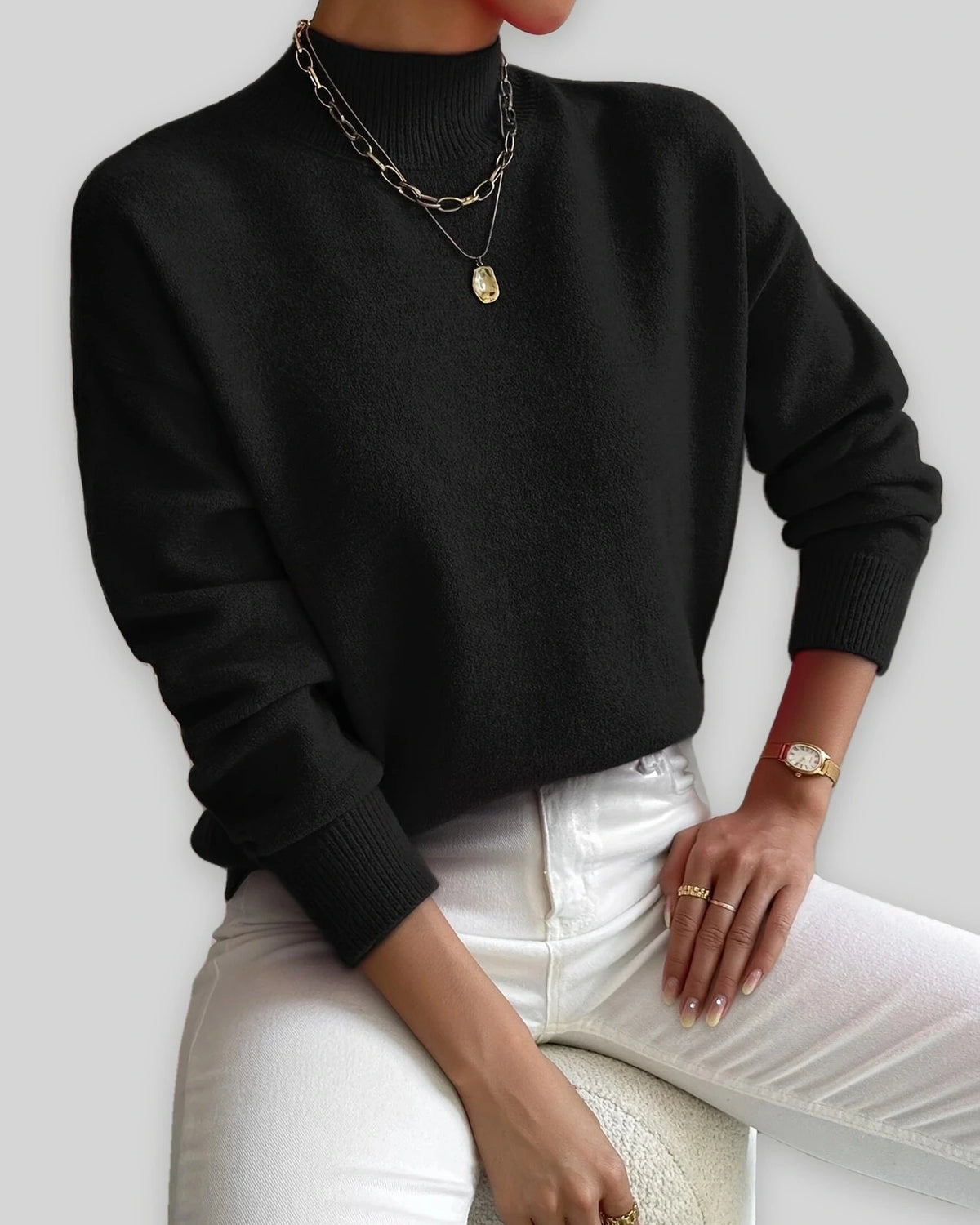 Women's Soft Mock Neck Jumper with Ribbed Cuffs in a Relaxed Fit – Amelie Mae