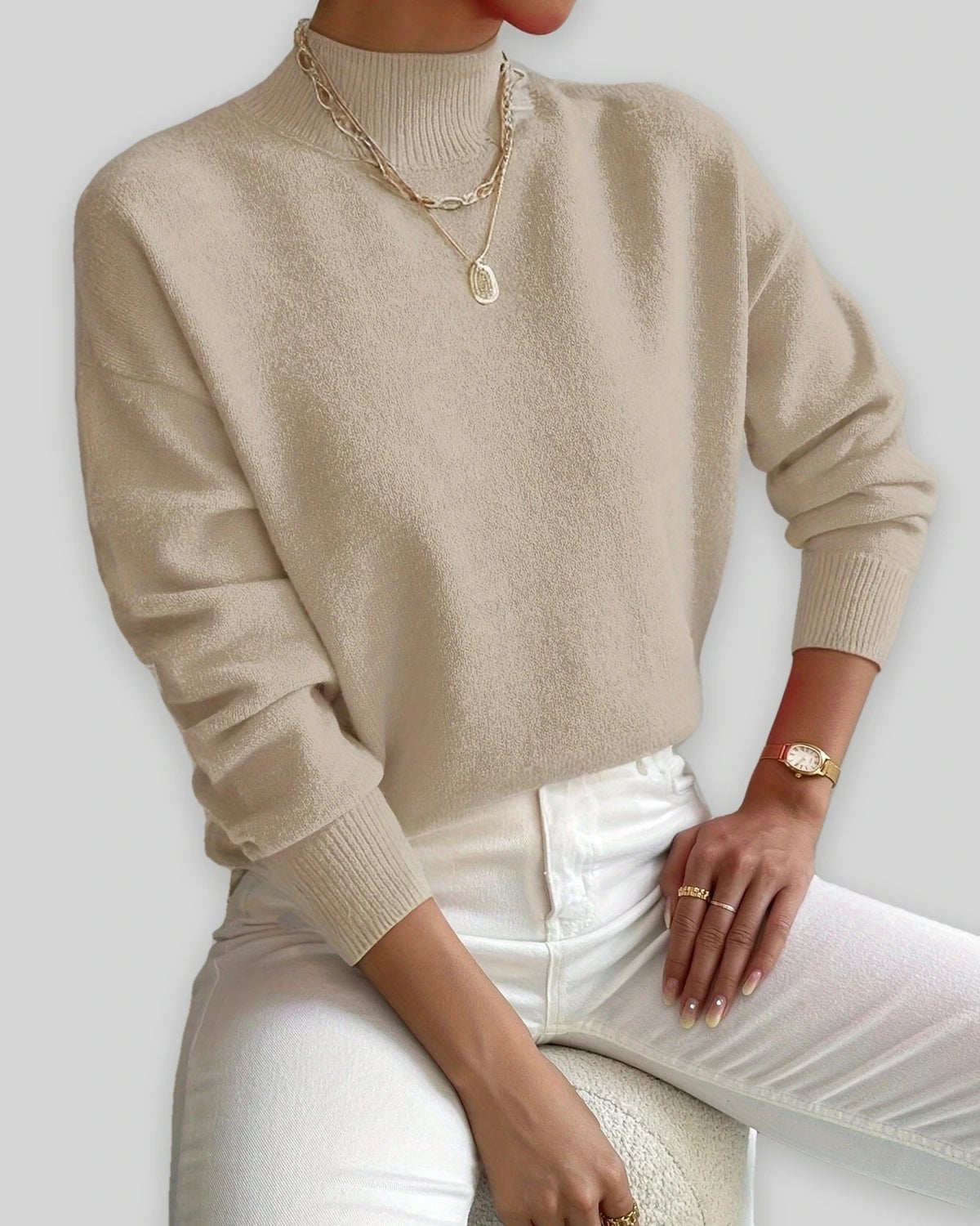 Women's Soft Mock Neck Jumper with Ribbed Cuffs in a Relaxed Fit – Amelie Mae