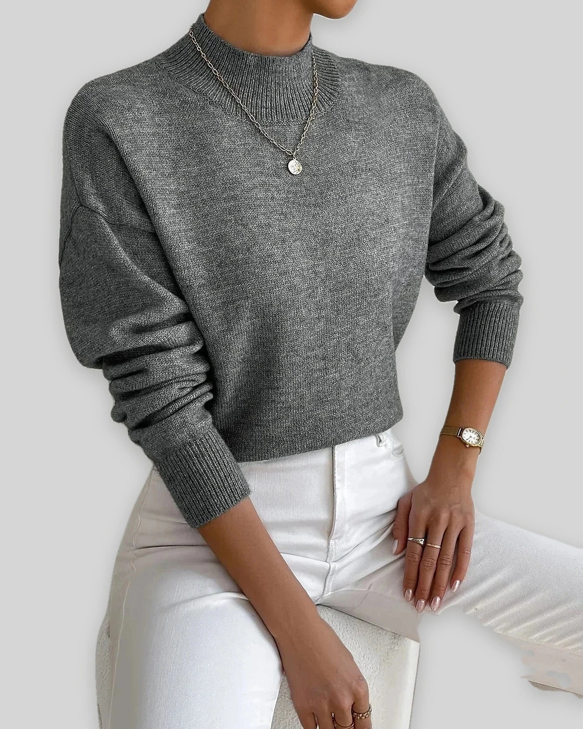 Women's Soft Mock Neck Jumper with Ribbed Cuffs in a Relaxed Fit – Amelie Mae