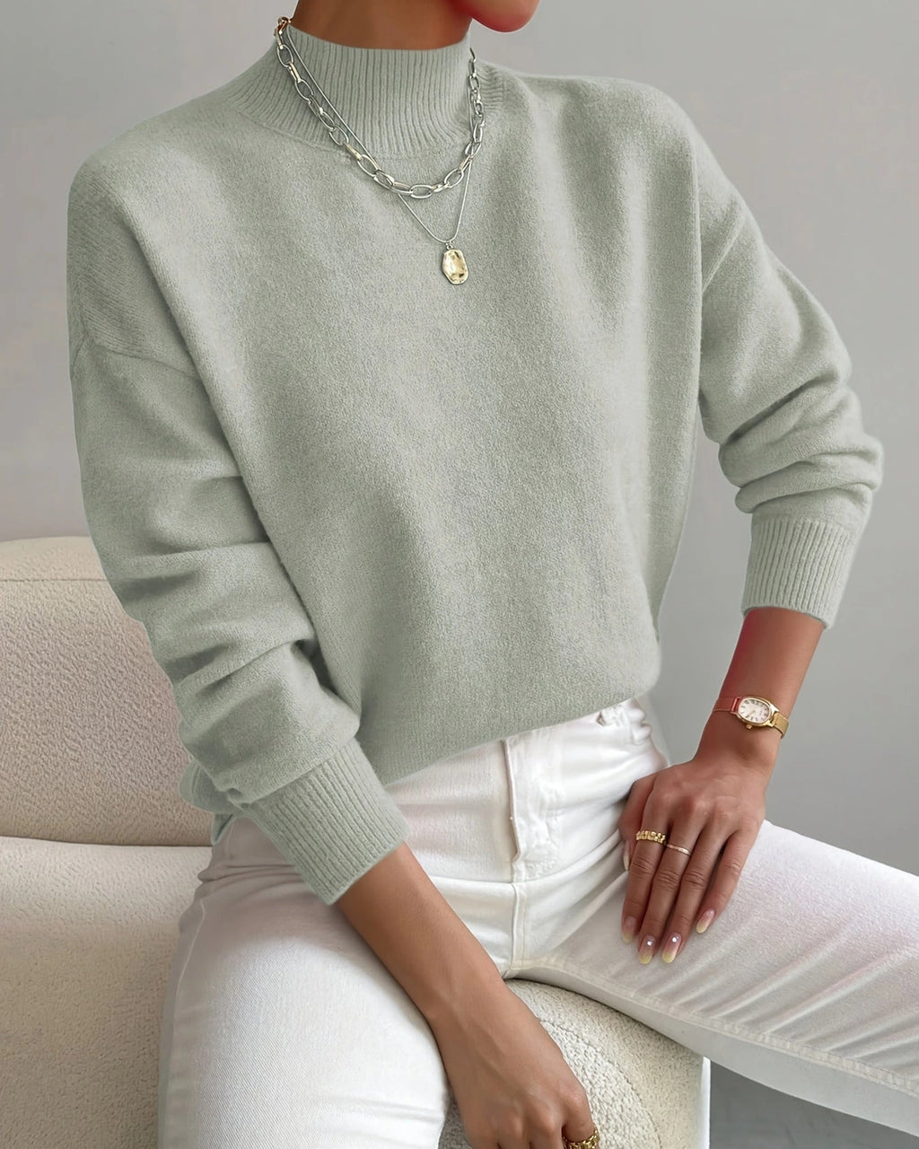 Women's Soft Mock Neck Jumper with Ribbed Cuffs in a Relaxed Fit – Amelie Mae