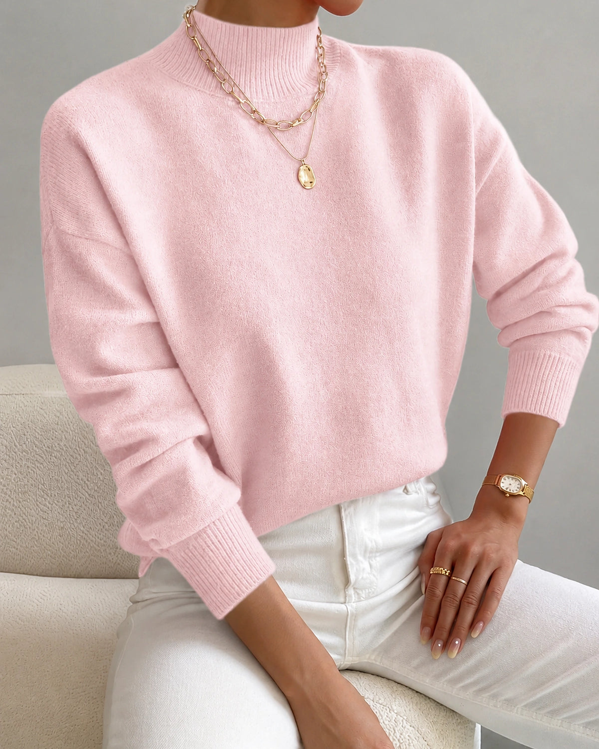 Women's Soft Mock Neck Jumper with Ribbed Cuffs in a Relaxed Fit – Amelie Mae