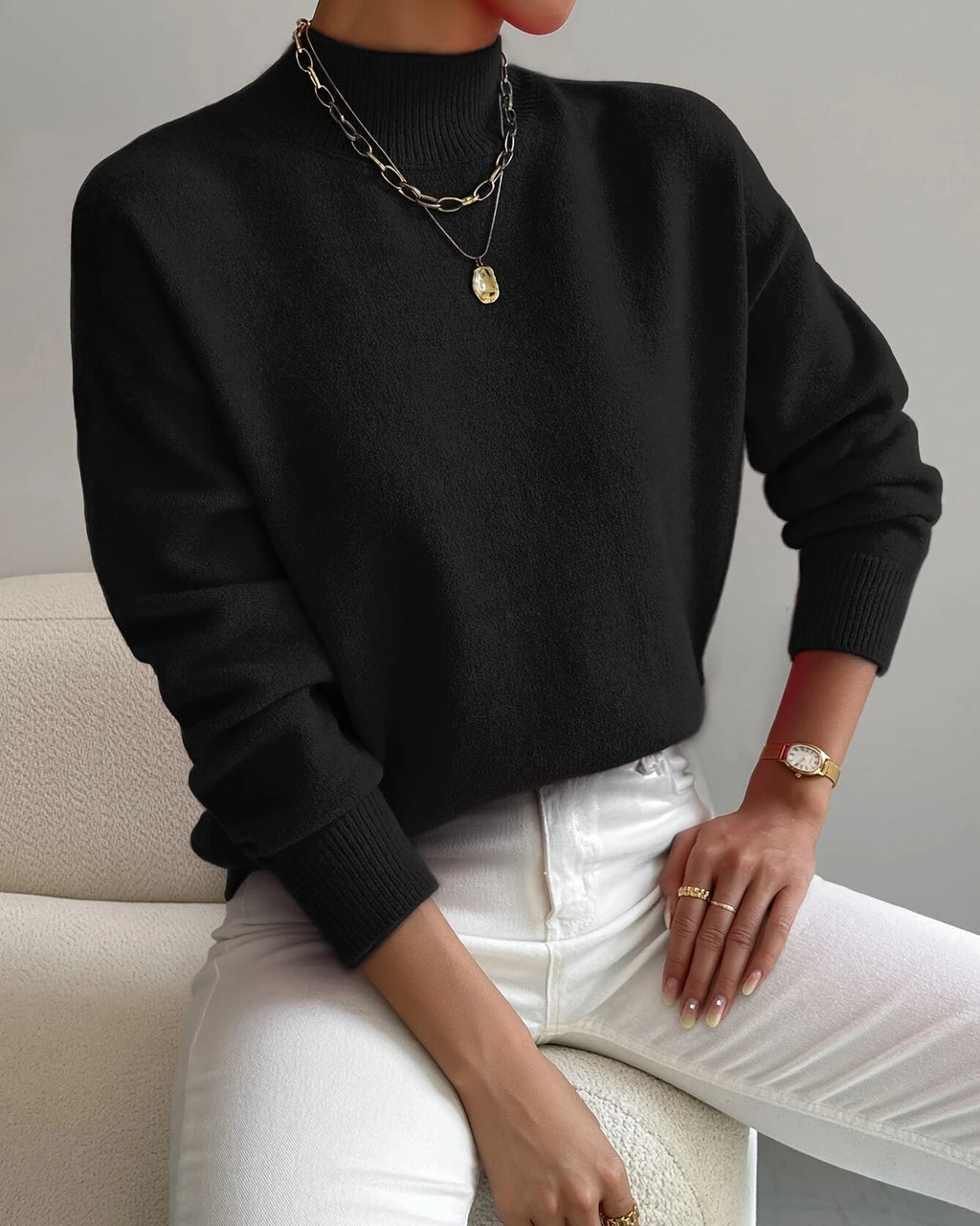 Women's Soft Mock Neck Jumper with Ribbed Cuffs in a Relaxed Fit – Amelie Mae