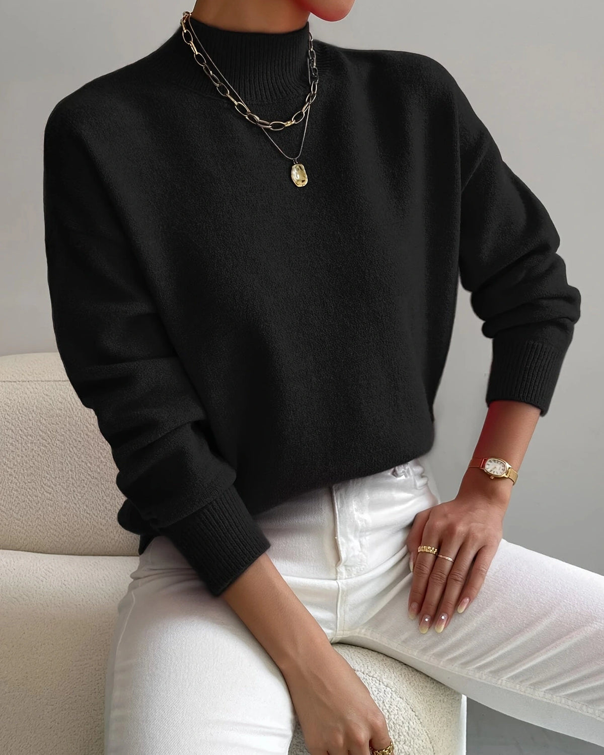 Women's Soft Mock Neck Jumper with Ribbed Cuffs in a Relaxed Fit – Amelie Mae