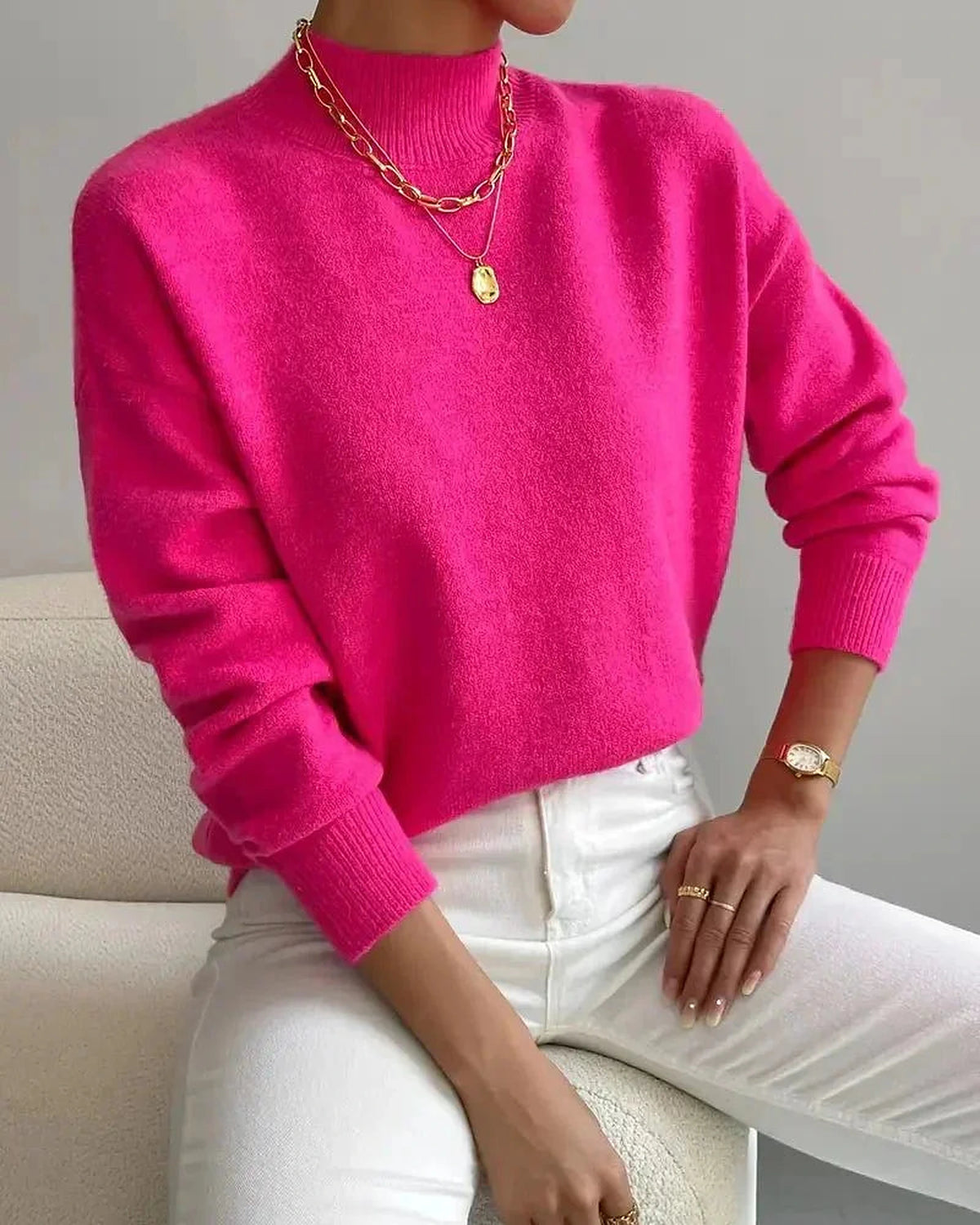 Women's Soft Mock Neck Jumper with Ribbed Cuffs in a Relaxed Fit – Amelie Mae