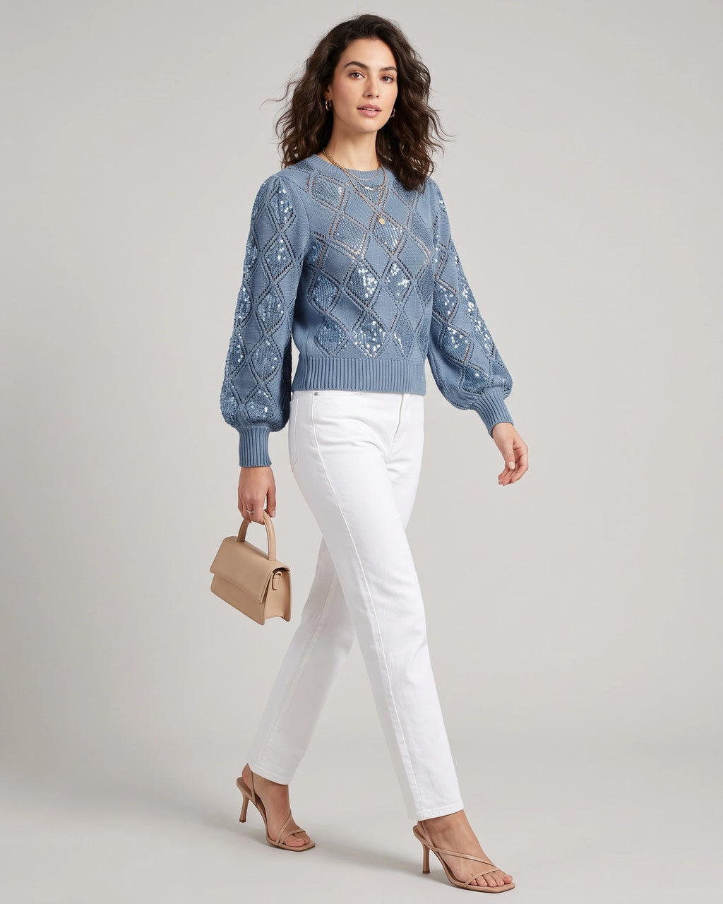 Women's Knit Jumper with Diamond Pattern and Sequin Detail, Relaxed Fit – Orla Belle