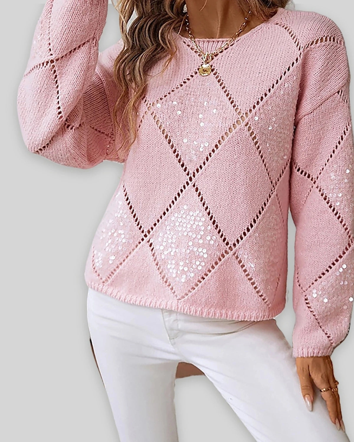 Women's Knit Jumper with Diamond Pattern and Sequin Detail, Relaxed Fit – Orla Belle