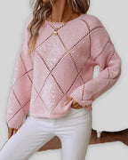 Women's Knit Jumper with Diamond Pattern and Sequin Detail, Relaxed Fit – Orla Belle