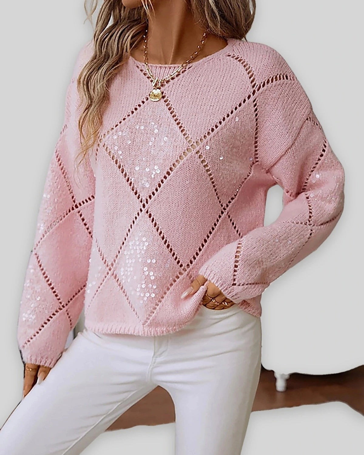 Women's Knit Jumper with Diamond Pattern and Sequin Detail, Relaxed Fit – Orla Belle