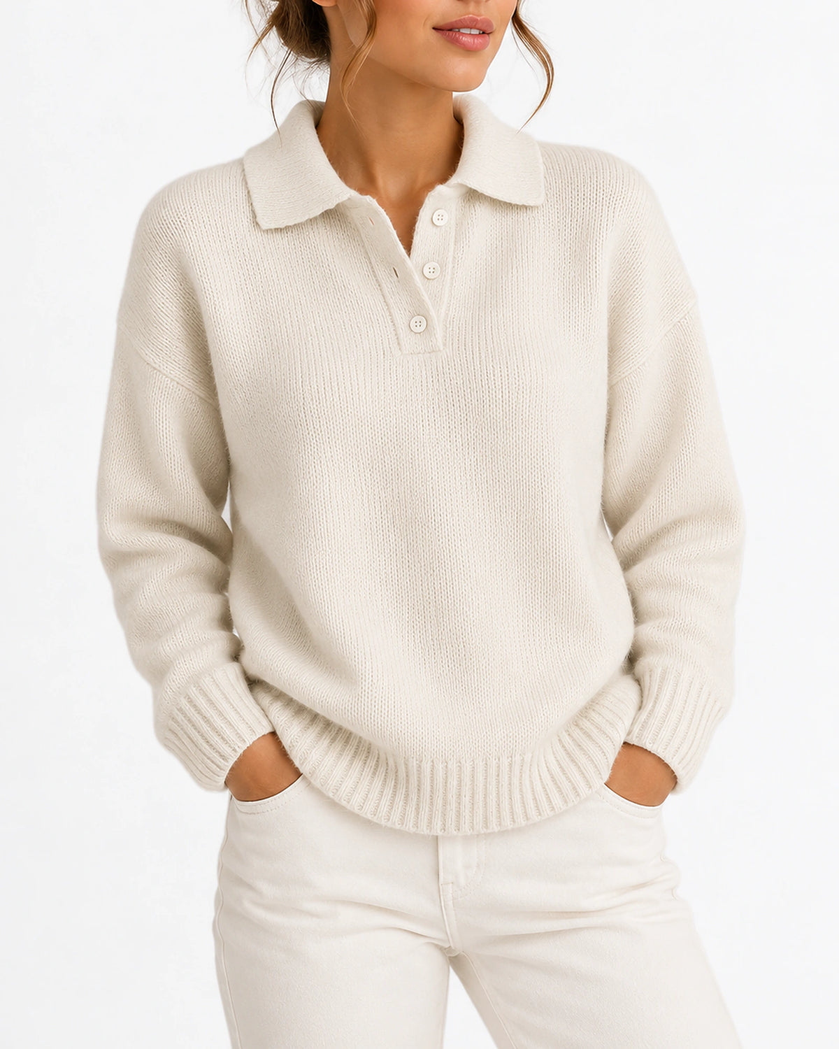 Women's Knit Jumper with Polo Collar and Button Placket, Relaxed Fit – Juliet