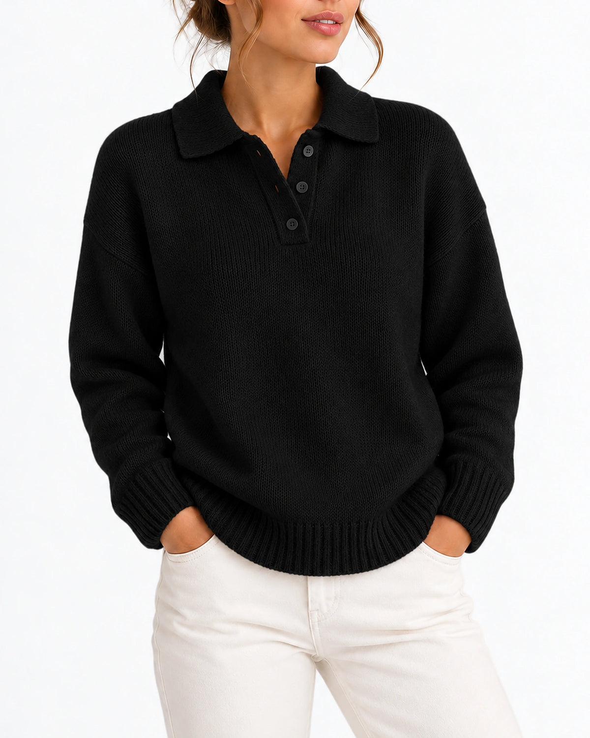 Women's Knit Jumper with Polo Collar and Button Placket, Relaxed Fit – Juliet