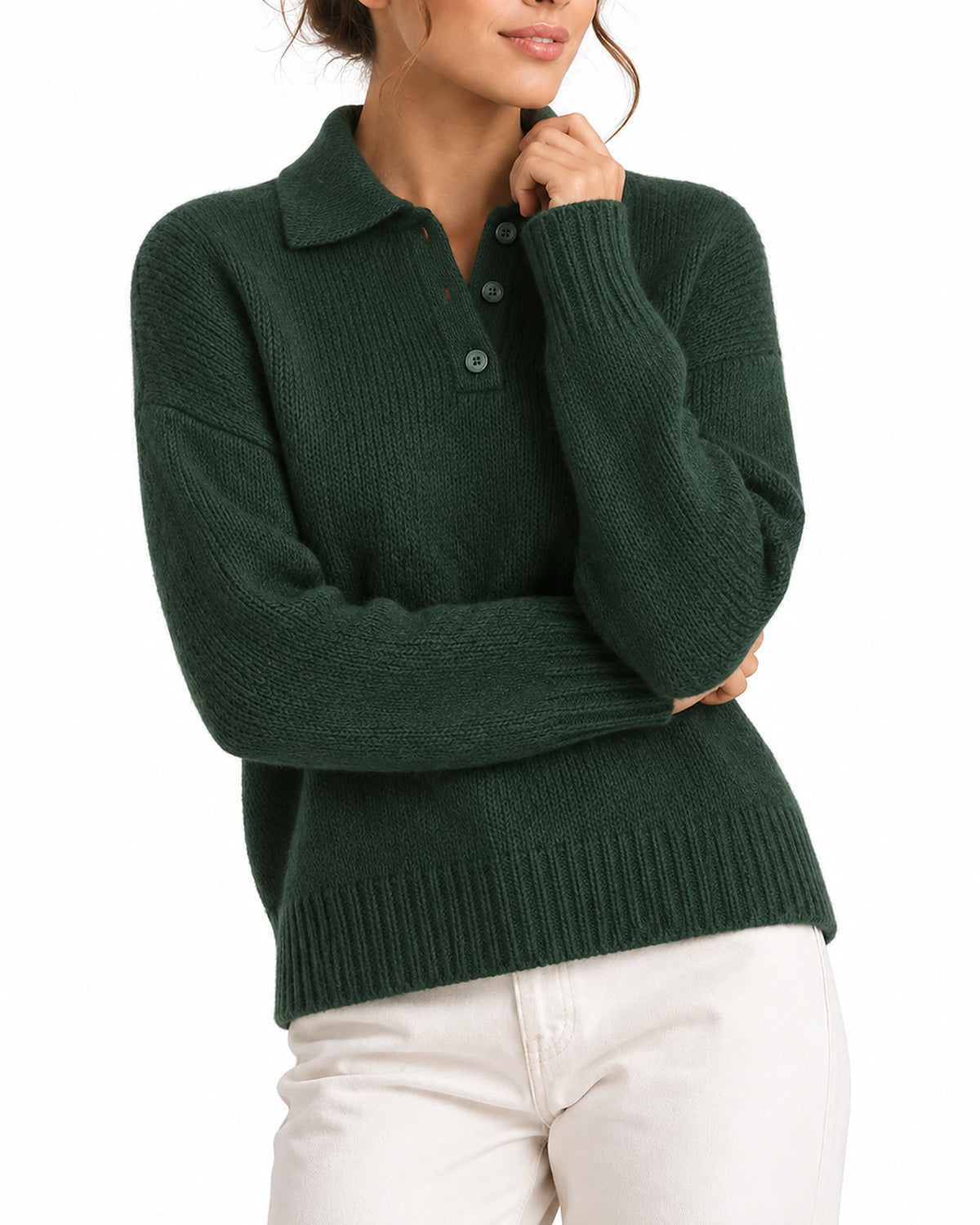Women's Knit Jumper with Polo Collar and Button Placket, Relaxed Fit – Juliet