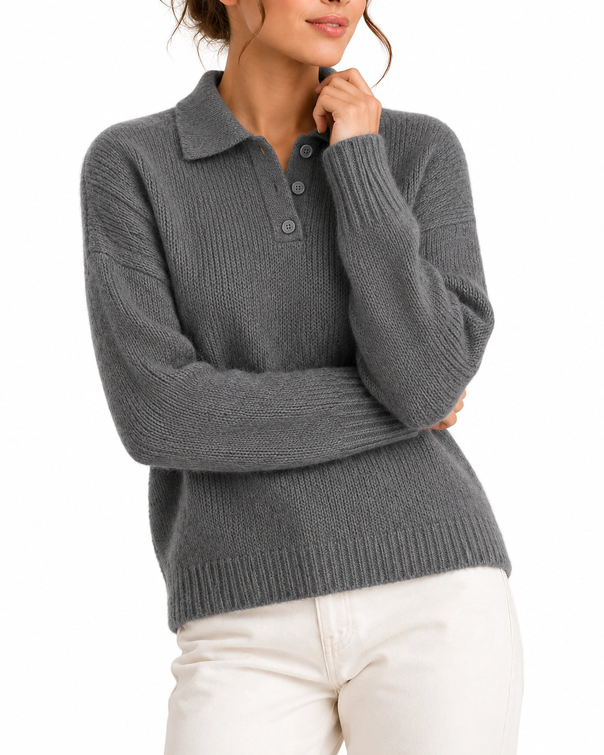 Women's Knit Jumper with Polo Collar and Button Placket, Relaxed Fit – Juliet
