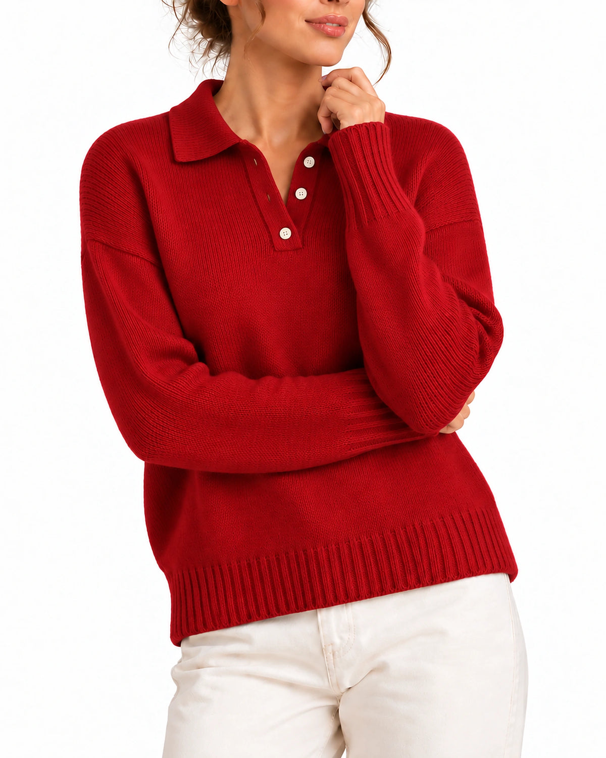 Women's Knit Jumper with Polo Collar and Button Placket, Relaxed Fit – Juliet