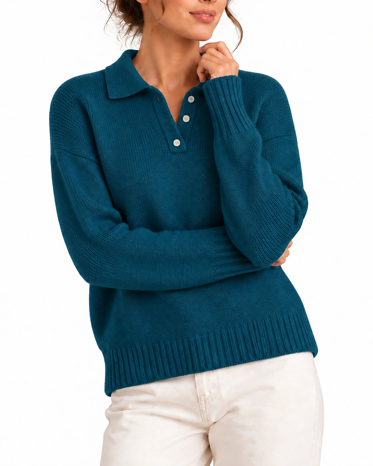 Women's Knit Jumper with Polo Collar and Button Placket, Relaxed Fit – Juliet