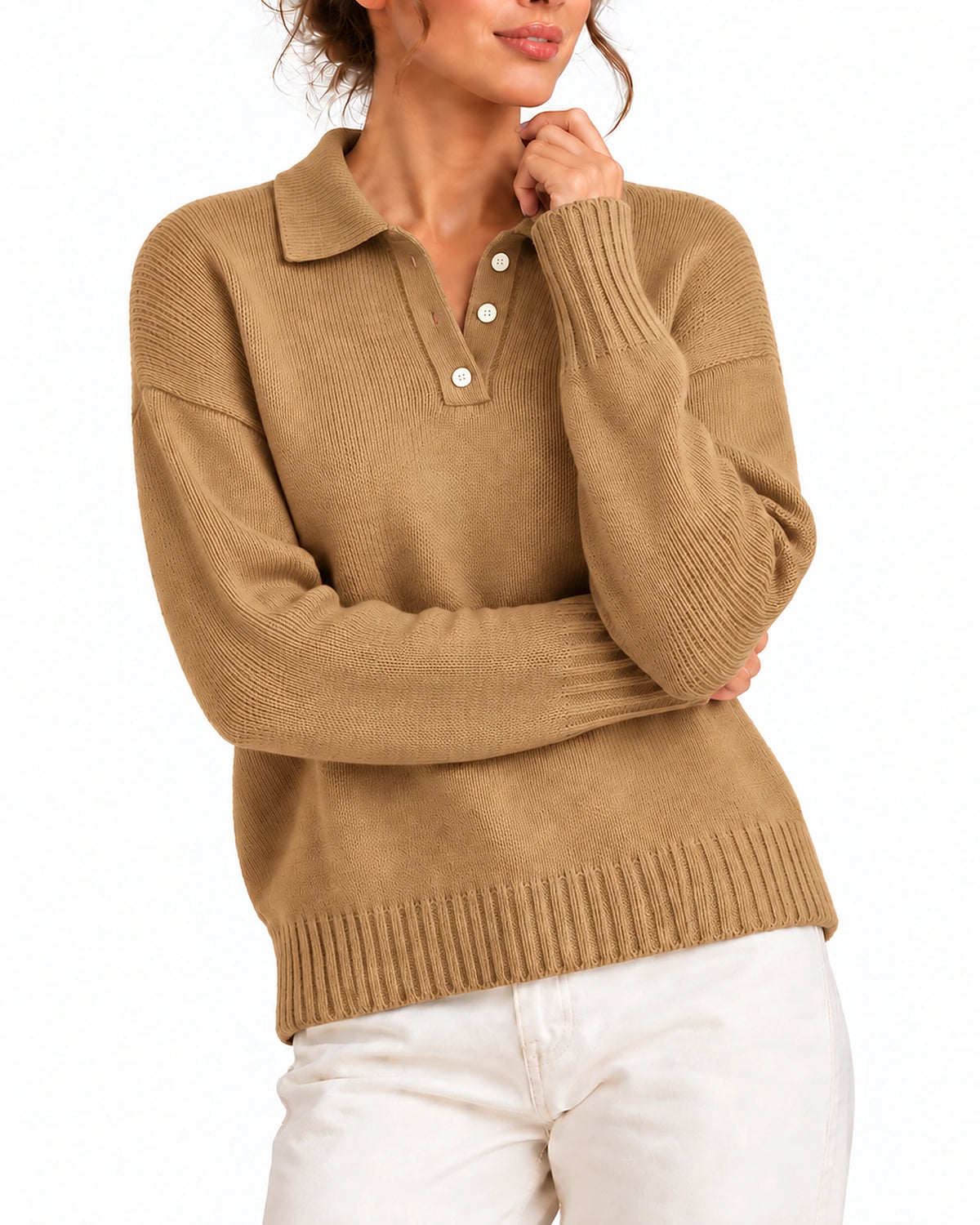 Women's Knit Jumper with Polo Collar and Button Placket, Relaxed Fit – Juliet