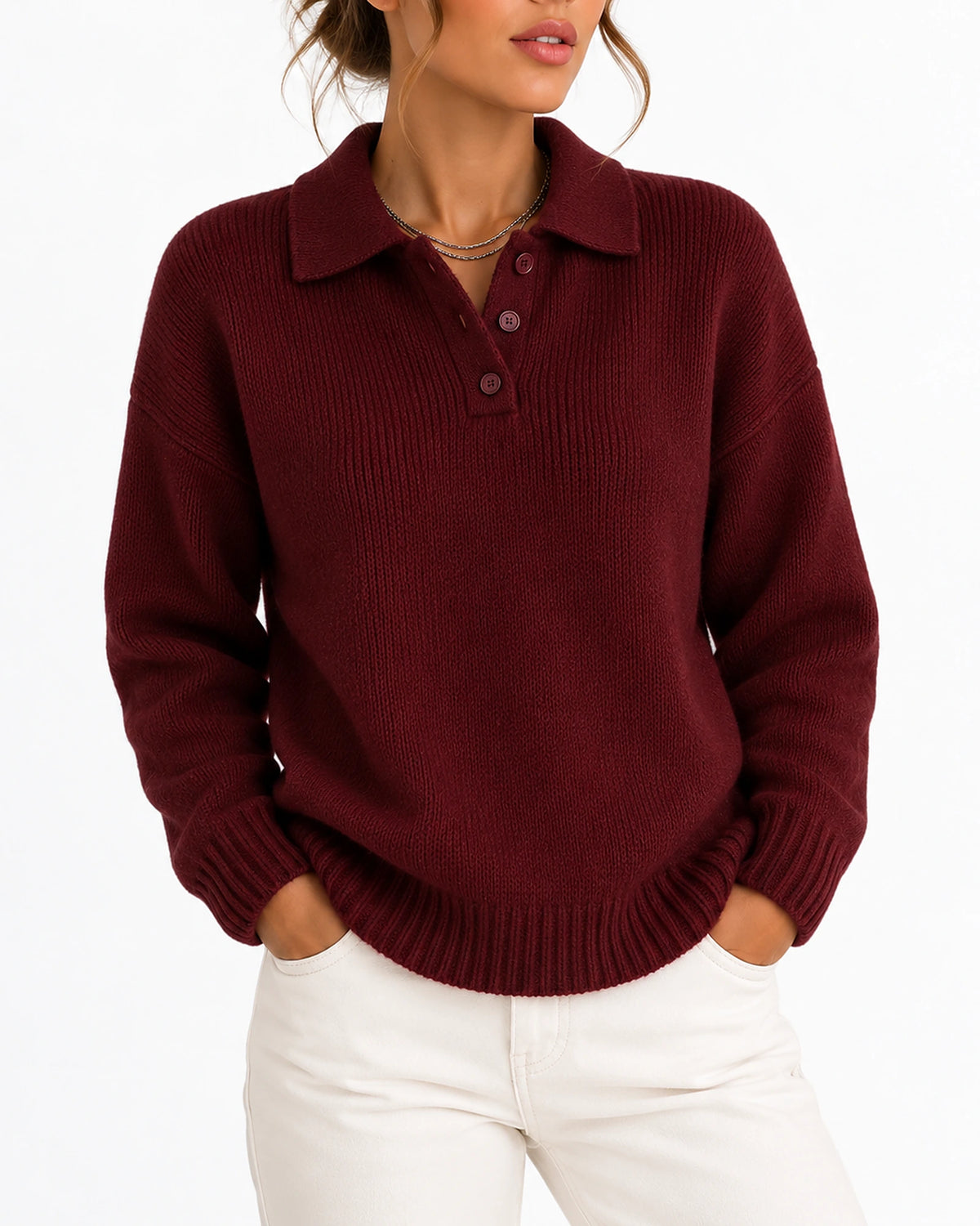 Women's Knit Jumper with Polo Collar and Button Placket, Relaxed Fit – Juliet