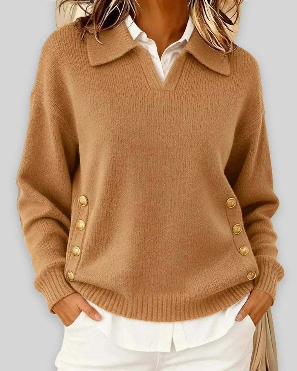 Women's Polo Collar Knit Jumper for Work with Gold Side Buttons, Relaxed Fit – Nell Lou