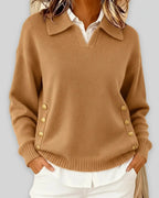 Women's Polo Collar Knit Jumper for Work with Gold Side Buttons, Relaxed Fit – Nell Lou