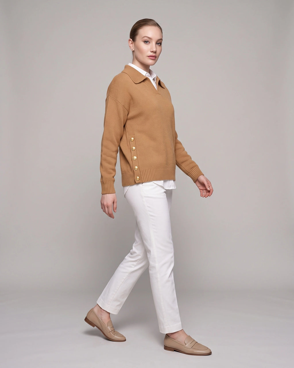 Women's Polo Collar Knit Jumper for Work with Gold Side Buttons, Relaxed Fit – Nell Lou