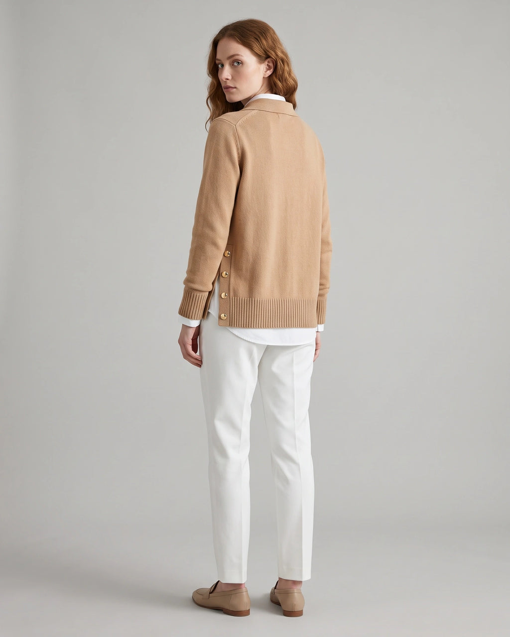 Women's Polo Collar Knit Jumper for Work with Gold Side Buttons, Relaxed Fit – Nell Lou