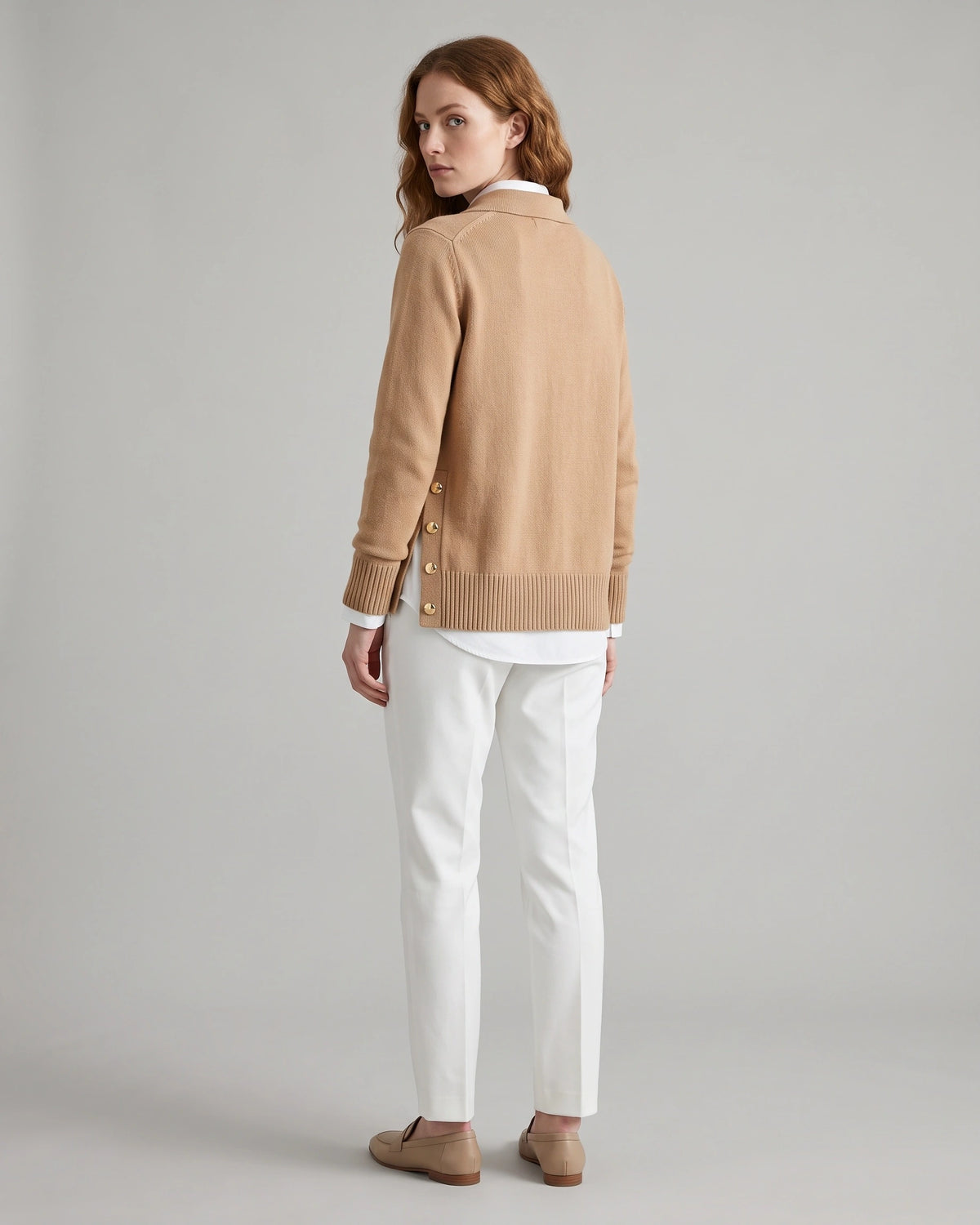 Women's Polo Collar Knit Jumper for Work with Gold Side Buttons, Relaxed Fit – Nell Lou