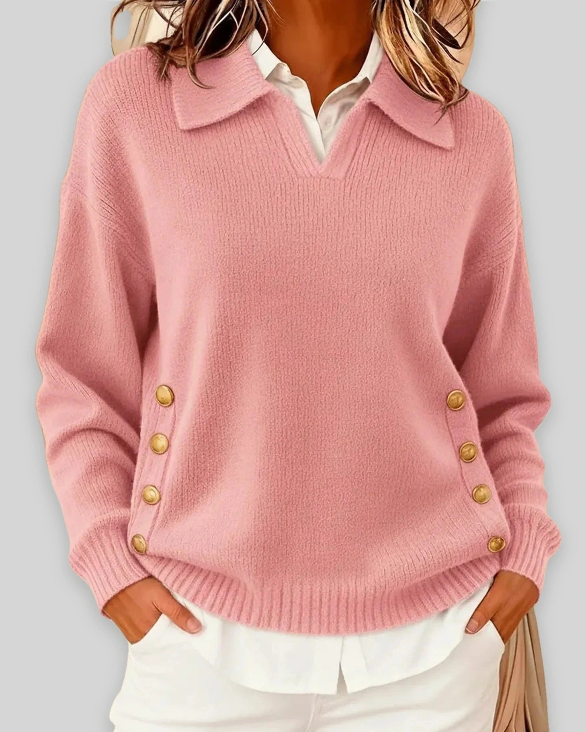 Women's Polo Collar Knit Jumper for Work with Gold Side Buttons, Relaxed Fit – Nell Lou