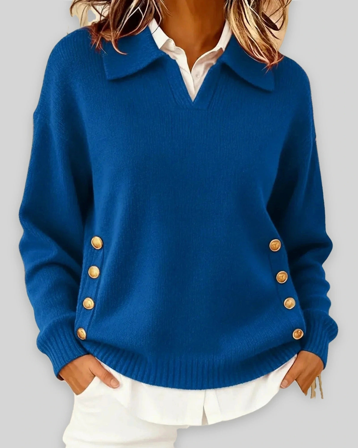 Women's Polo Collar Knit Jumper for Work with Gold Side Buttons, Relaxed Fit – Nell Lou
