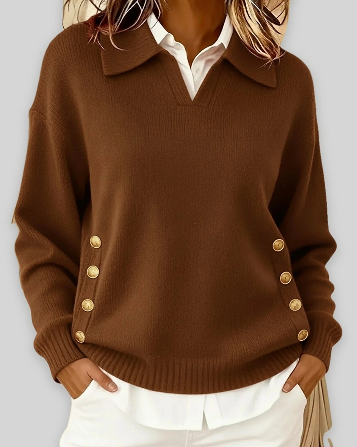 Women's Polo Collar Knit Jumper for Work with Gold Side Buttons, Relaxed Fit – Nell Lou