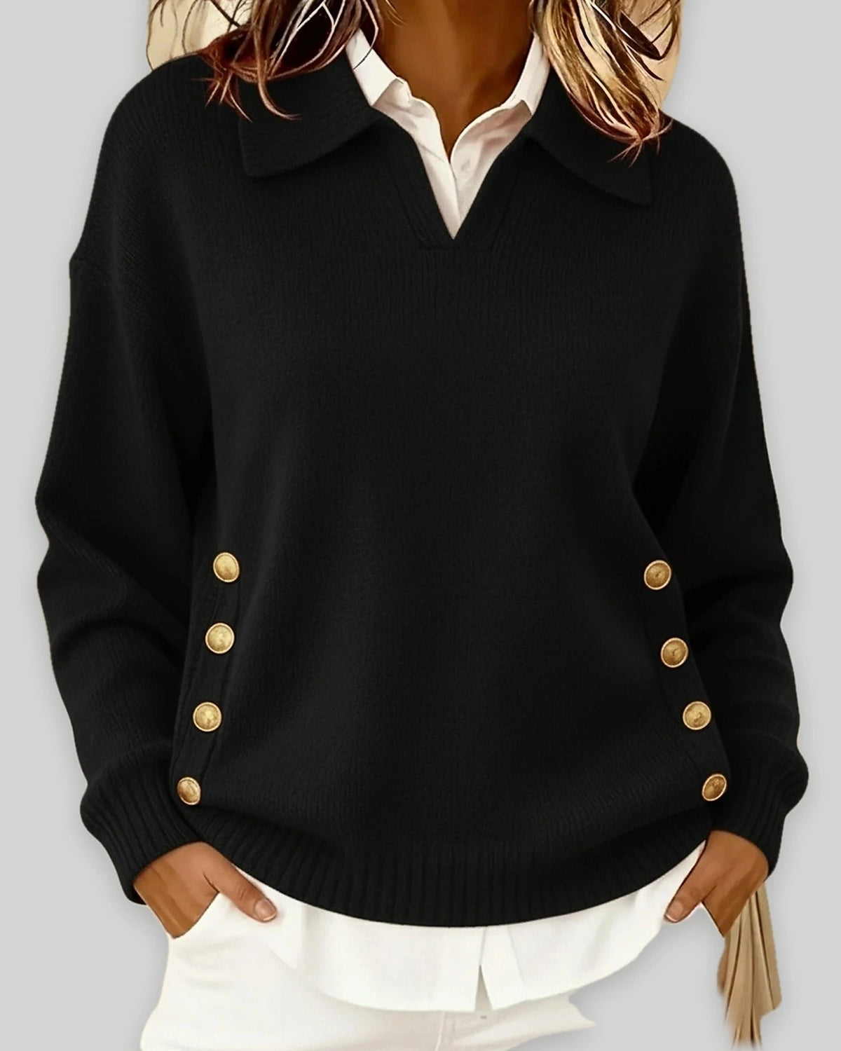 Women's Polo Collar Knit Jumper for Work with Gold Side Buttons, Relaxed Fit – Nell Lou