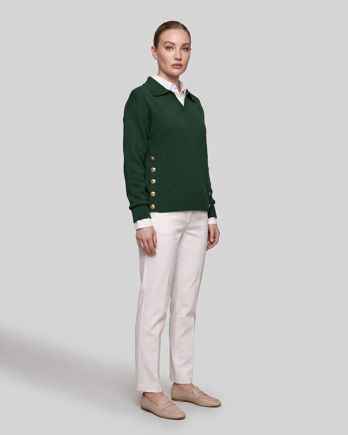 Women's Polo Collar Knit Jumper for Work with Gold Side Buttons, Relaxed Fit – Nell Lou