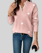 Women's V-Neck Jumper with Heart Print and Lace Trim, Relaxed Fit – Mabel Lou