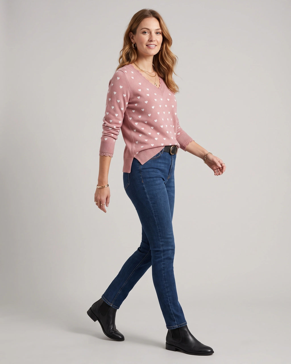 Women's V-Neck Jumper with Heart Print and Lace Trim, Relaxed Fit – Mabel Lou