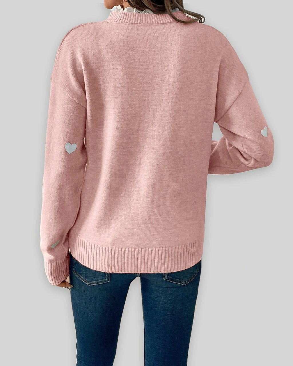 Women's V-Neck Jumper with Heart Print and Lace Trim, Relaxed Fit – Mabel Lou