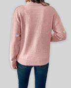 Women's V-Neck Jumper with Heart Print and Lace Trim, Relaxed Fit – Mabel Lou