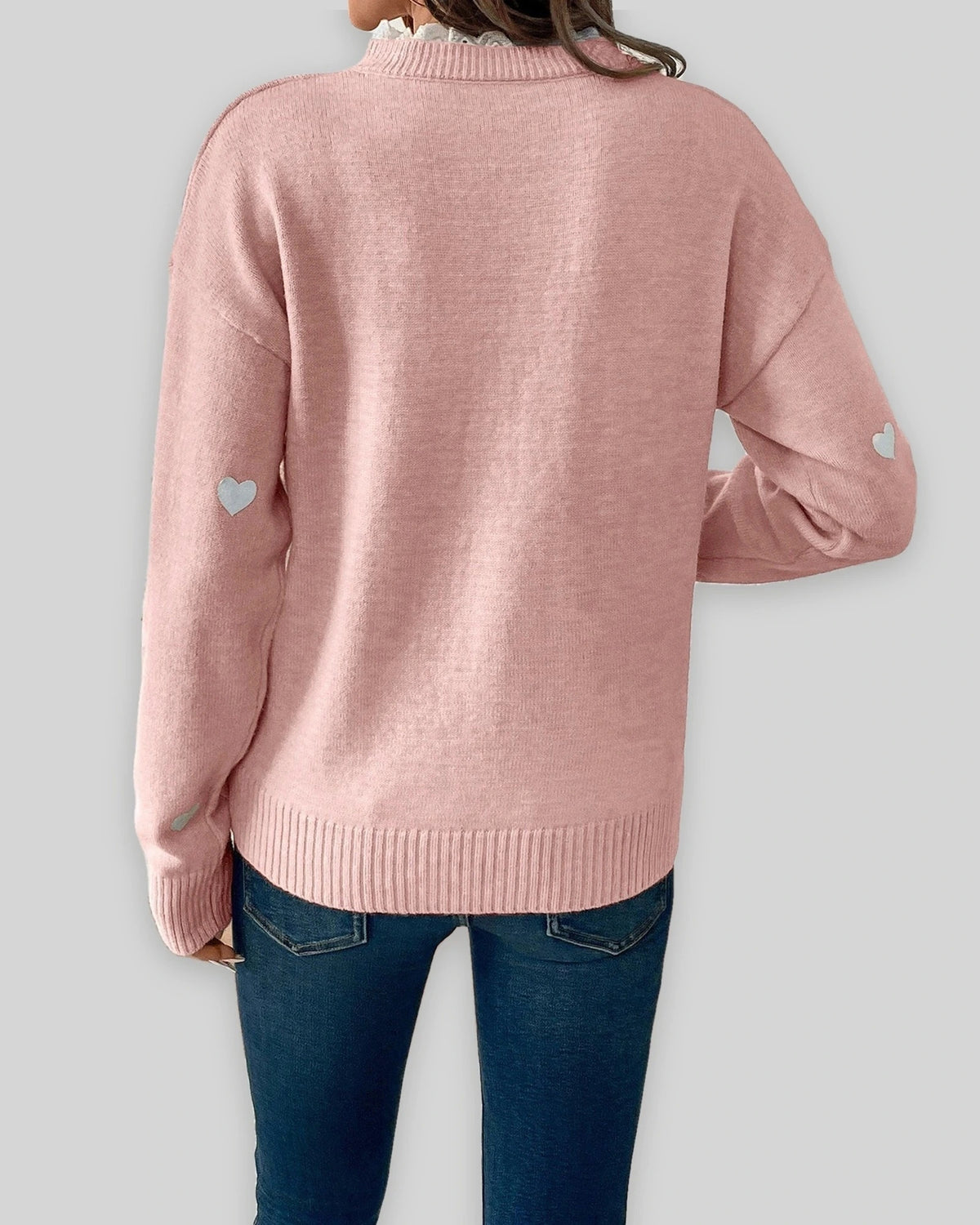 Women's V-Neck Jumper with Heart Print and Lace Trim, Relaxed Fit – Mabel Lou