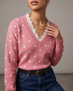 Women's V-Neck Jumper with Heart Print and Lace Trim, Relaxed Fit – Mabel Lou