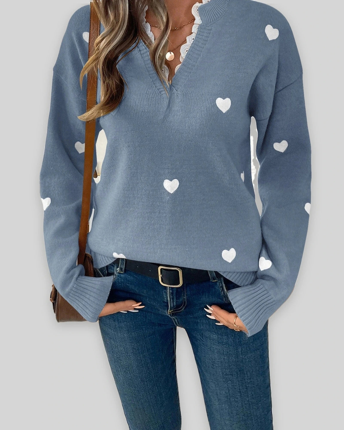 Women's V-Neck Jumper with Heart Print and Lace Trim, Relaxed Fit – Mabel Lou