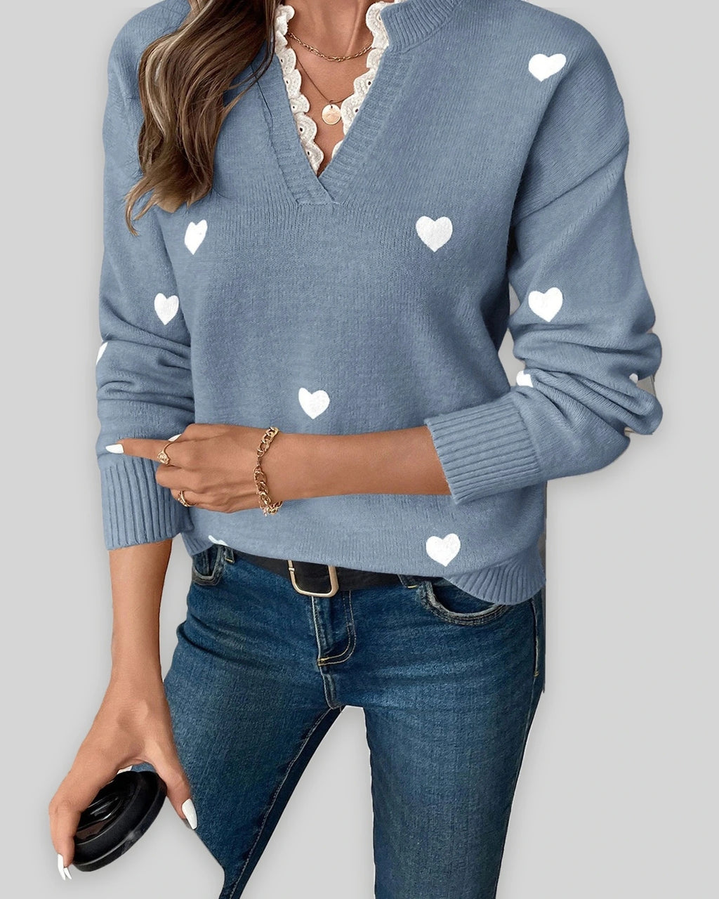 Women's V-Neck Jumper with Heart Print and Lace Trim, Relaxed Fit – Mabel Lou