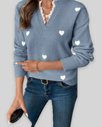 Women's V-Neck Jumper with Heart Print and Lace Trim, Relaxed Fit – Mabel Lou