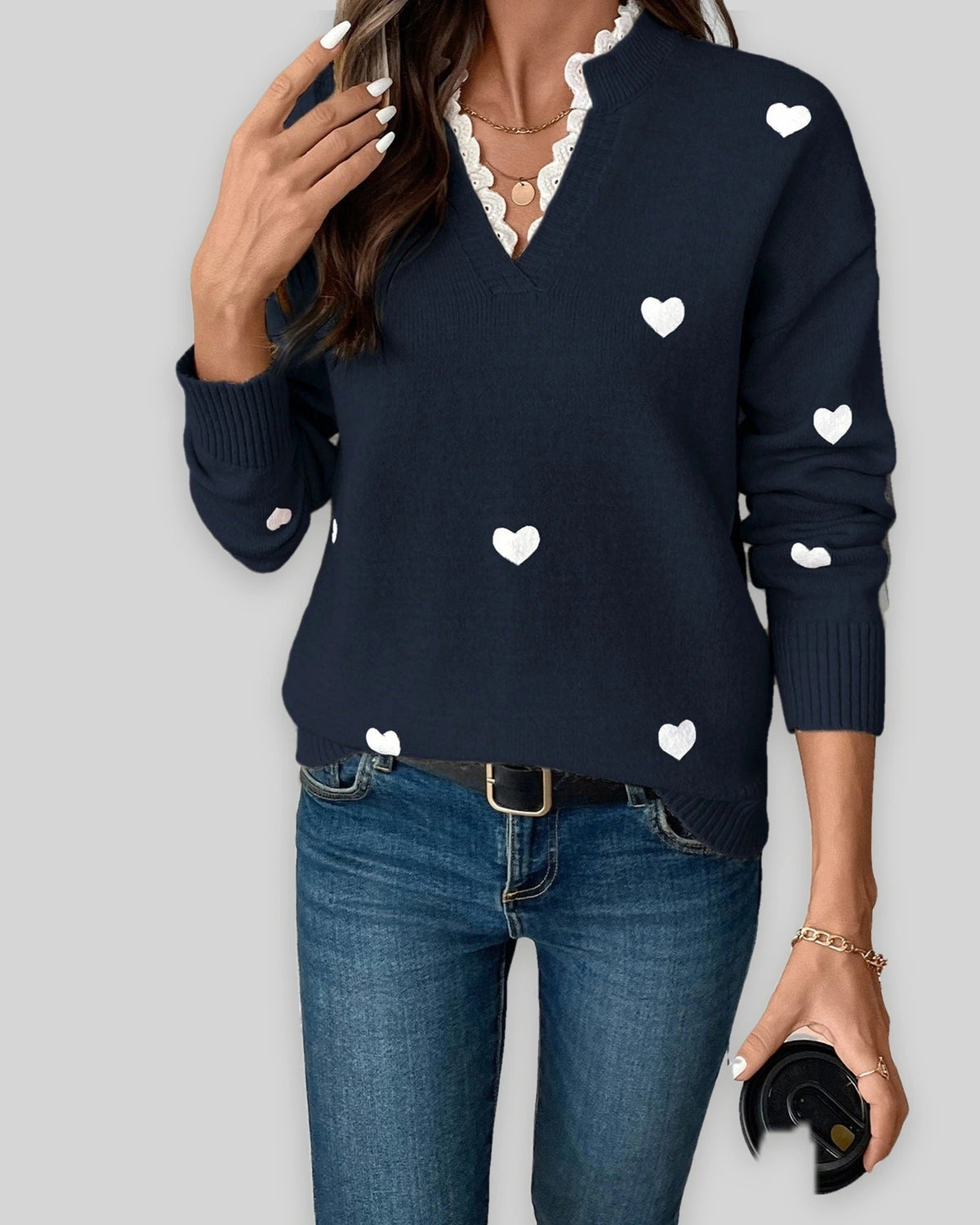 Women's V-Neck Jumper with Heart Print and Lace Trim, Relaxed Fit – Mabel Lou