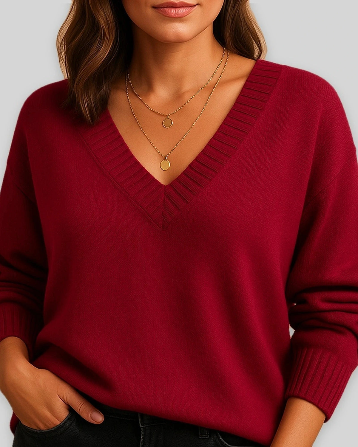 Women's V-Neck Jumper with Ribbed V Neckline and Cuffs, Relaxed Fit – Talia Lou