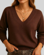 Women's V-Neck Jumper with Ribbed V Neckline and Cuffs, Relaxed Fit – Talia Lou