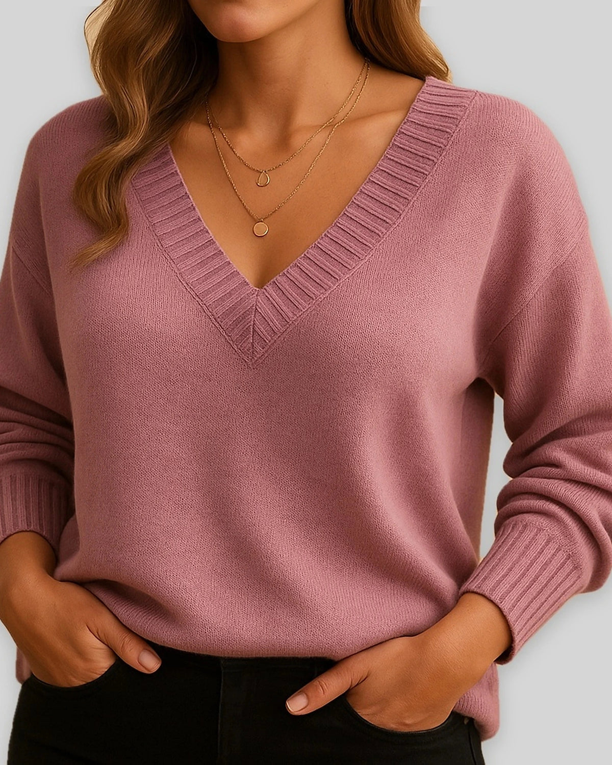 Women's V-Neck Jumper with Ribbed V Neckline and Cuffs, Relaxed Fit – Talia Lou