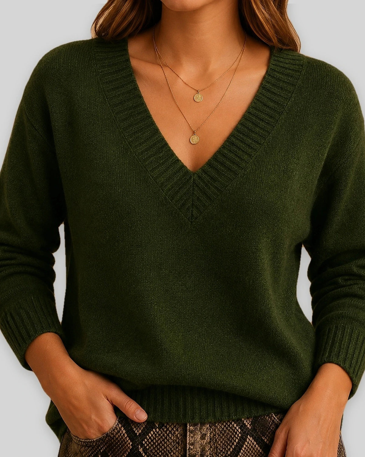Women's V-Neck Jumper with Ribbed V Neckline and Cuffs, Relaxed Fit – Talia Lou
