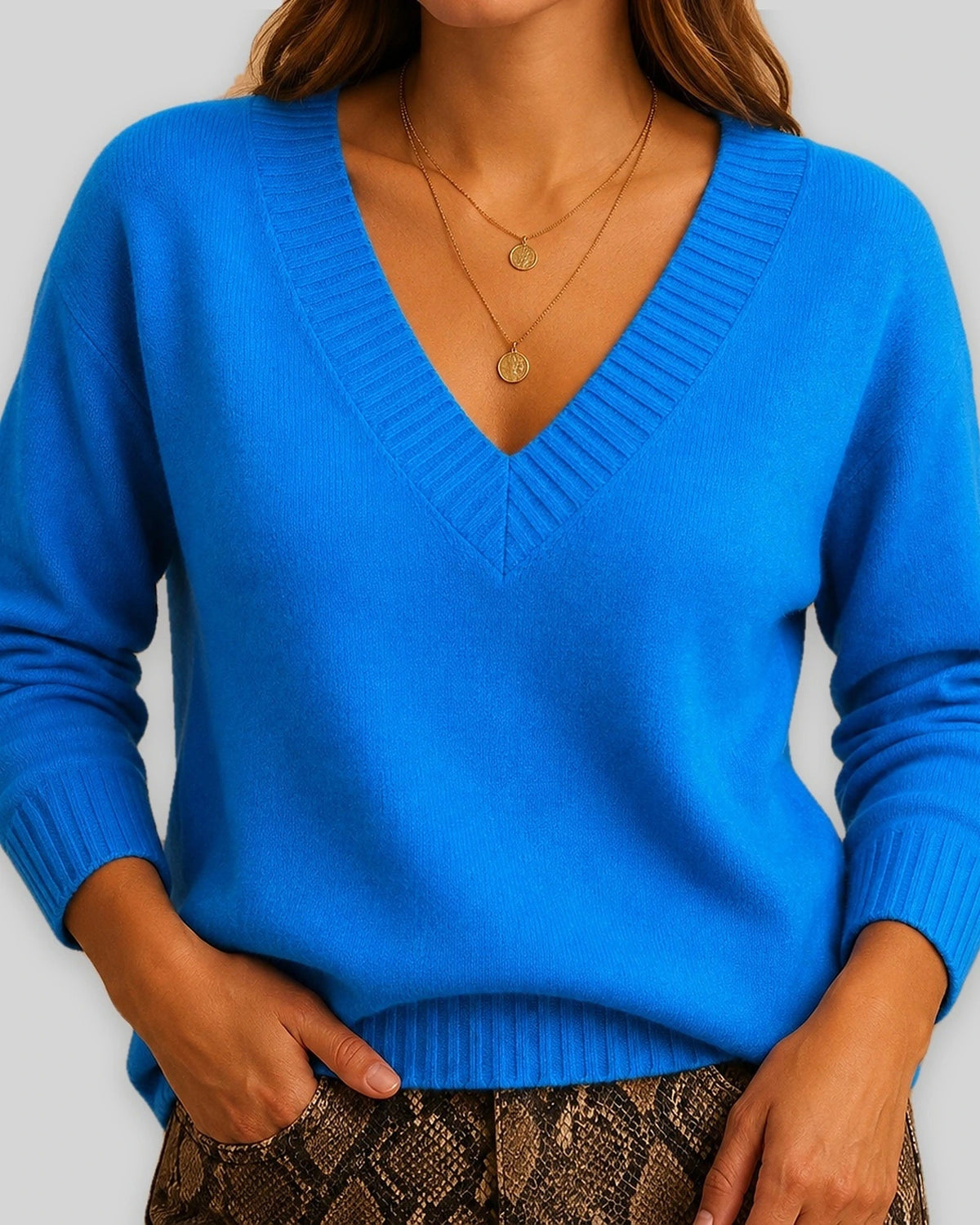 Women's V-Neck Jumper with Ribbed V Neckline and Cuffs, Relaxed Fit – Talia Lou