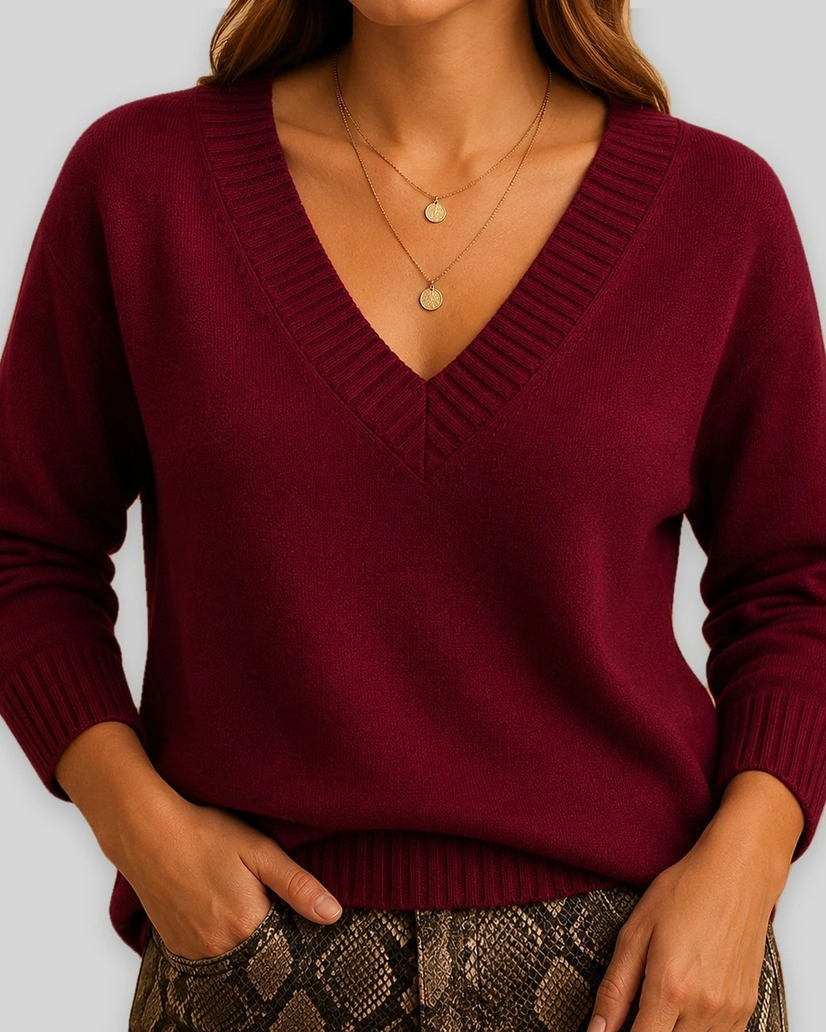 Women's V-Neck Jumper with Ribbed V Neckline and Cuffs, Relaxed Fit – Talia Lou